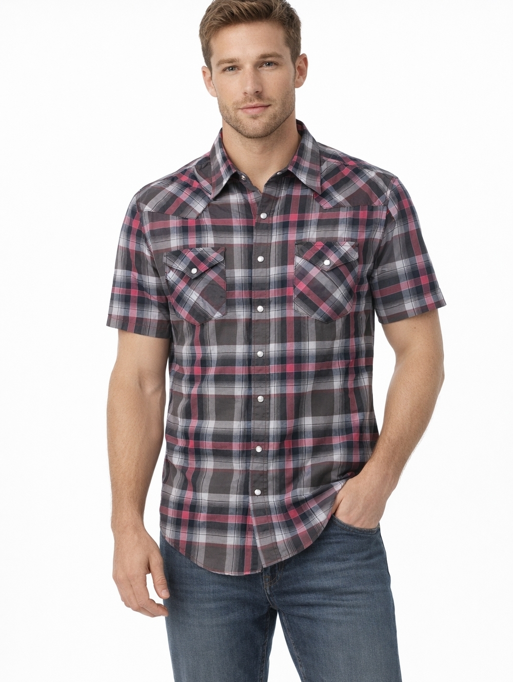 For him Uk Button Up shirt Men L Pearl Snap Plaid Pink Gray Short Sleeve Western